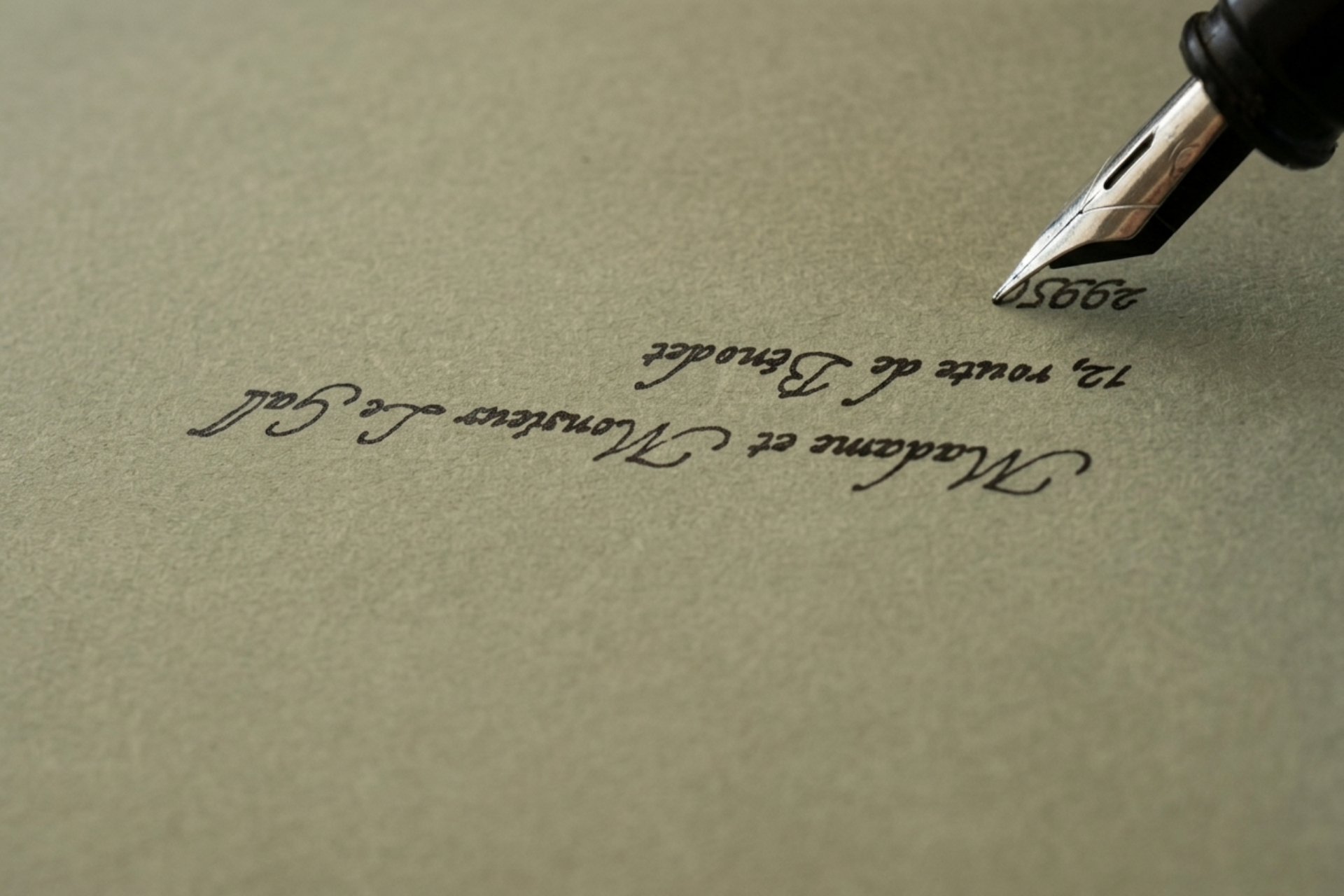 Plume calligraphiant à l’encre le nom et l’adresse d’un destinataire sur une enveloppe verte.