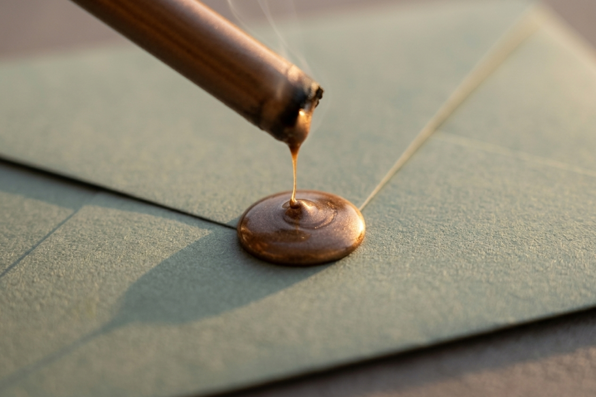Goutte de cire cuivrée fondue tombant d’un bâton fumant sur une enveloppe verte.