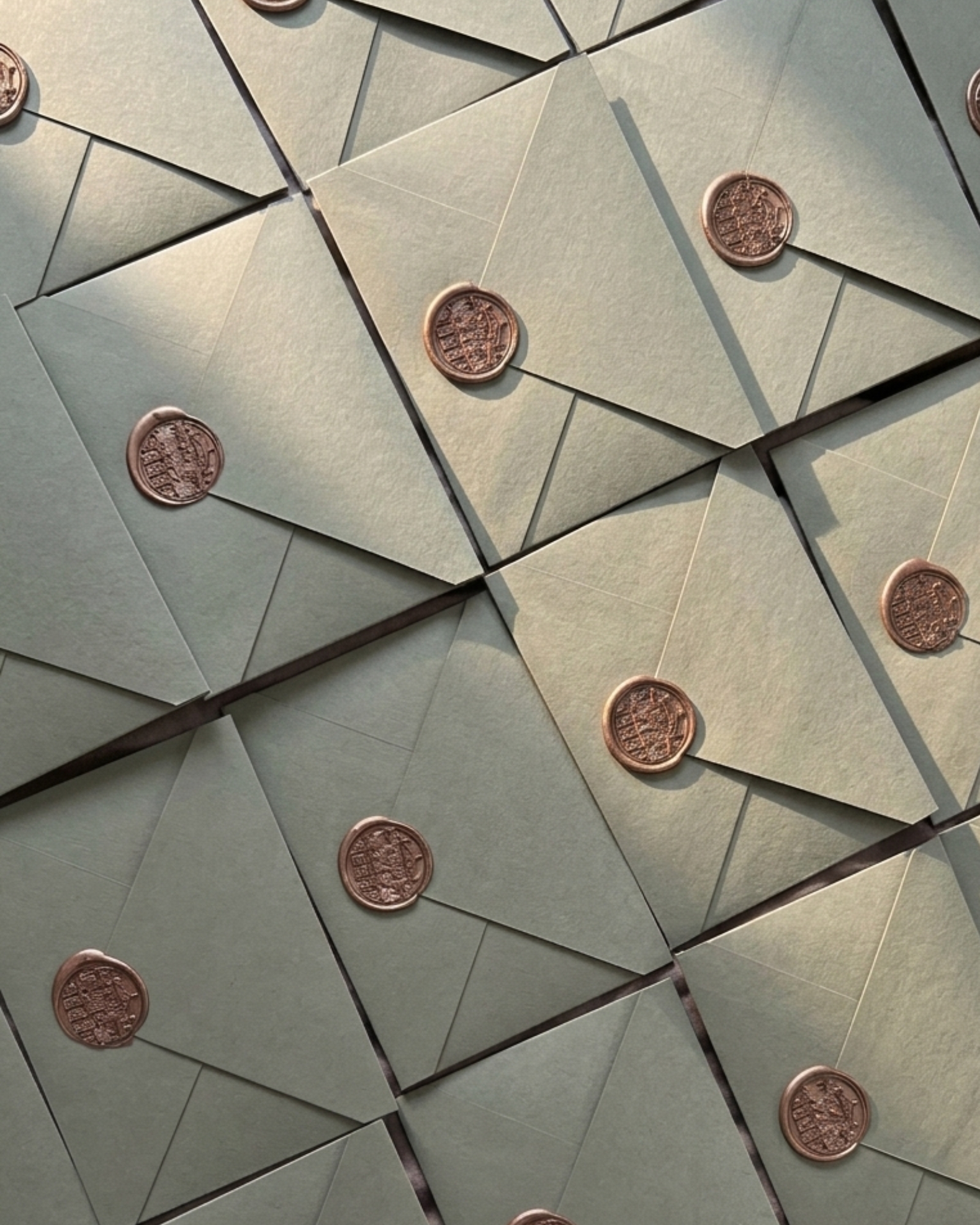 Marée d’enveloppes vertes scellées à la cire cuivrée, alignées en diagonale.