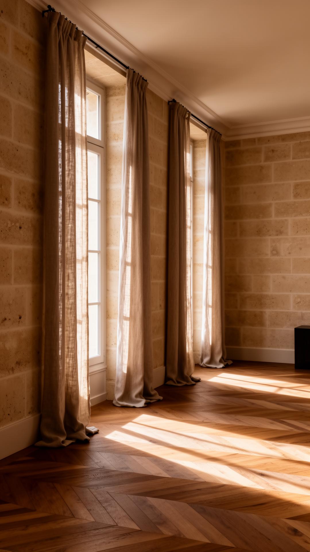 Intérieur architectural - pierre de taille et parquet à chevrons