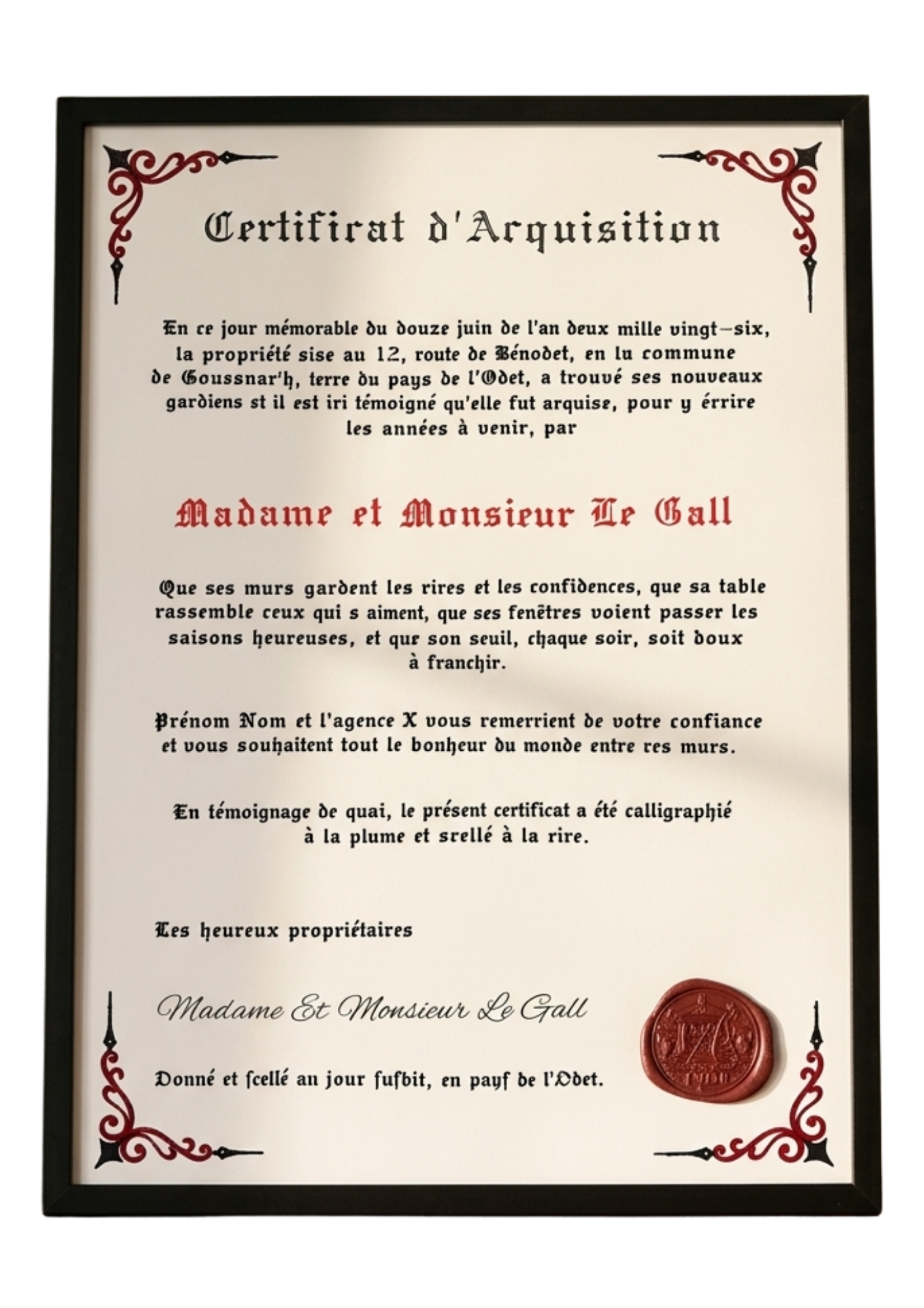 Certificat d’Acquisition calligraphié à la plume, scellé à la cire et encadré.